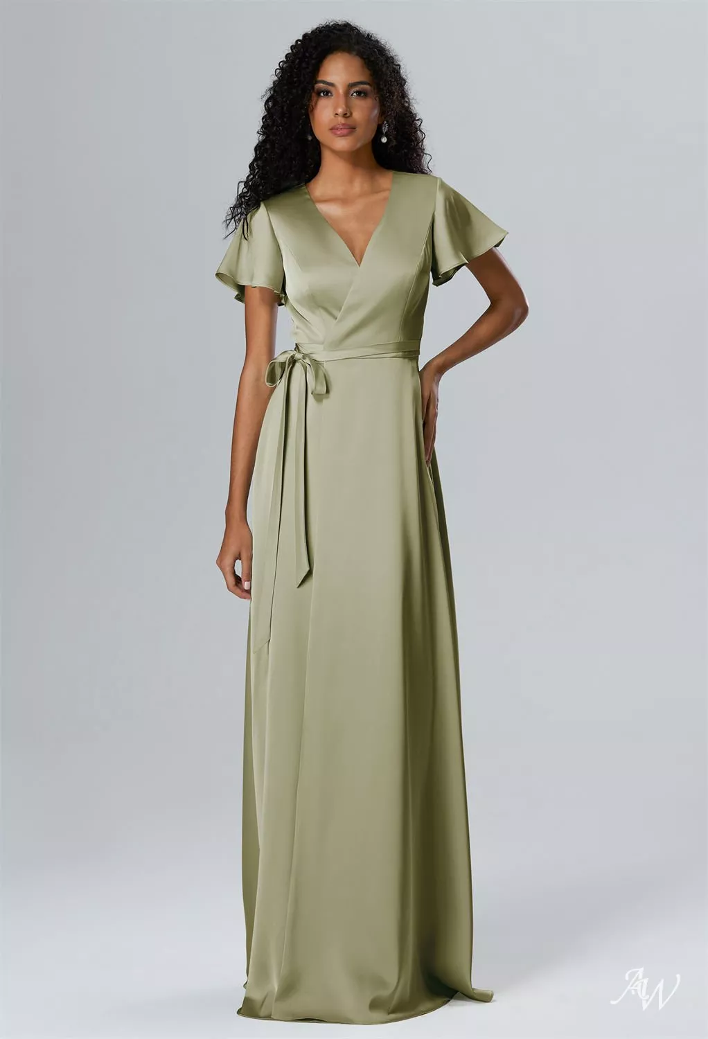 AW Roseanne Dress, Sage Green Crystal Satin Satin Charmeuse